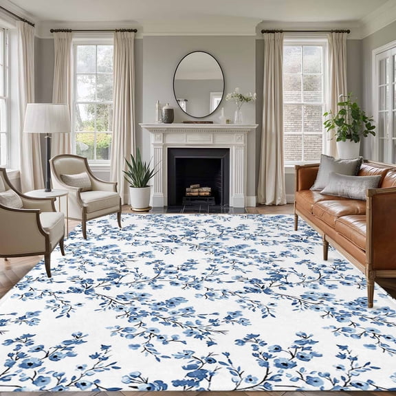 Navy Blue Spring Floral Area Rug 6x9 Washable Rug Non Slip Elegant Pastoral Flowers Large Area Rug Soft Stainresistant Indoor Floor Carpet for Living Room Bedroom Home Office Dining Room Nursery