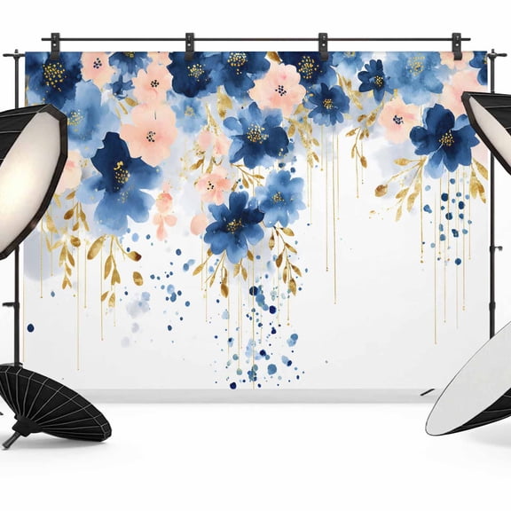 Navy Blue Spring Floral Backdrop for Photoshoot, Photography Photo Studio Background Wall Backdrop, Farmhouse Butterfly Back Drop Banner Panel for Portraits Wedding Party Live Streaming Decor 12x8Ft