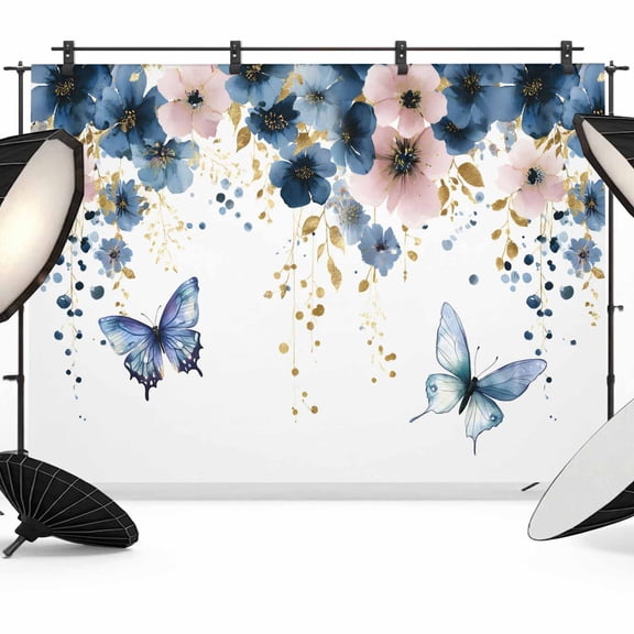 Navy Blue Spring Floral Backdrop for Photoshoot,Photography Photo Studio Background Wall Backdrop,Farmhouse Butterfly Watercolor Back Drop Banner Panel for Portraits Wedding Live Streaming 8x6Ft