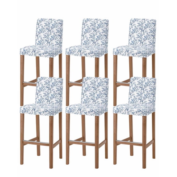 Navy Blue Spring Floral Bar Stool Covers Set of 6, Elegant Pastoral Flowers Stretch Washable Bar Chair Covers with Backs, Removable Pub Counter Height Chair Cover for Kitchen Dining Room Cafe