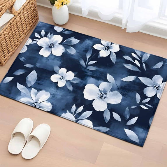 Navy Blue Spring Floral Bathroom Mats 2x3 FT,Non Slip Small Kitchen Mat,Summer Flowers Watercolor Botanical Washable Soft Backed Front Door Throw Rugs Indoor Outdoor Doormats for Entryway Sink