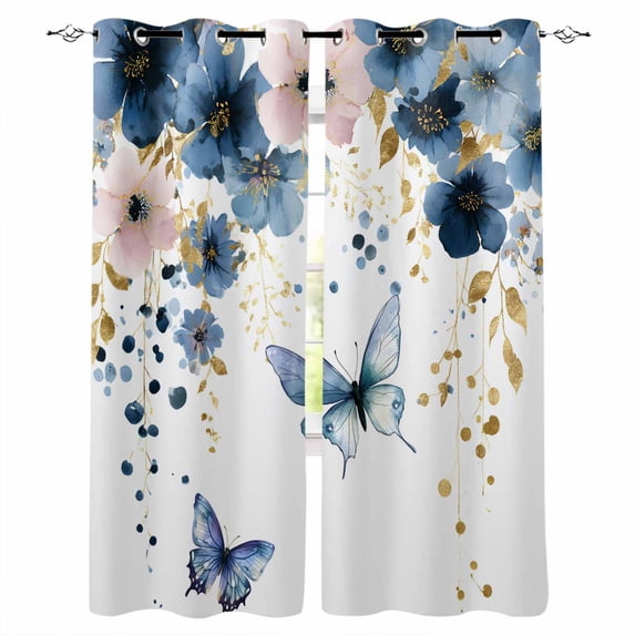 Navy Blue Spring Floral Blackout Curtains for Bedroom, Farmhouse Butterfly Watercolor Thermal Insulated Kitchen Drapes with Grommets, Light Blocking Window Treatment, 2 Panels 52" x 96"
