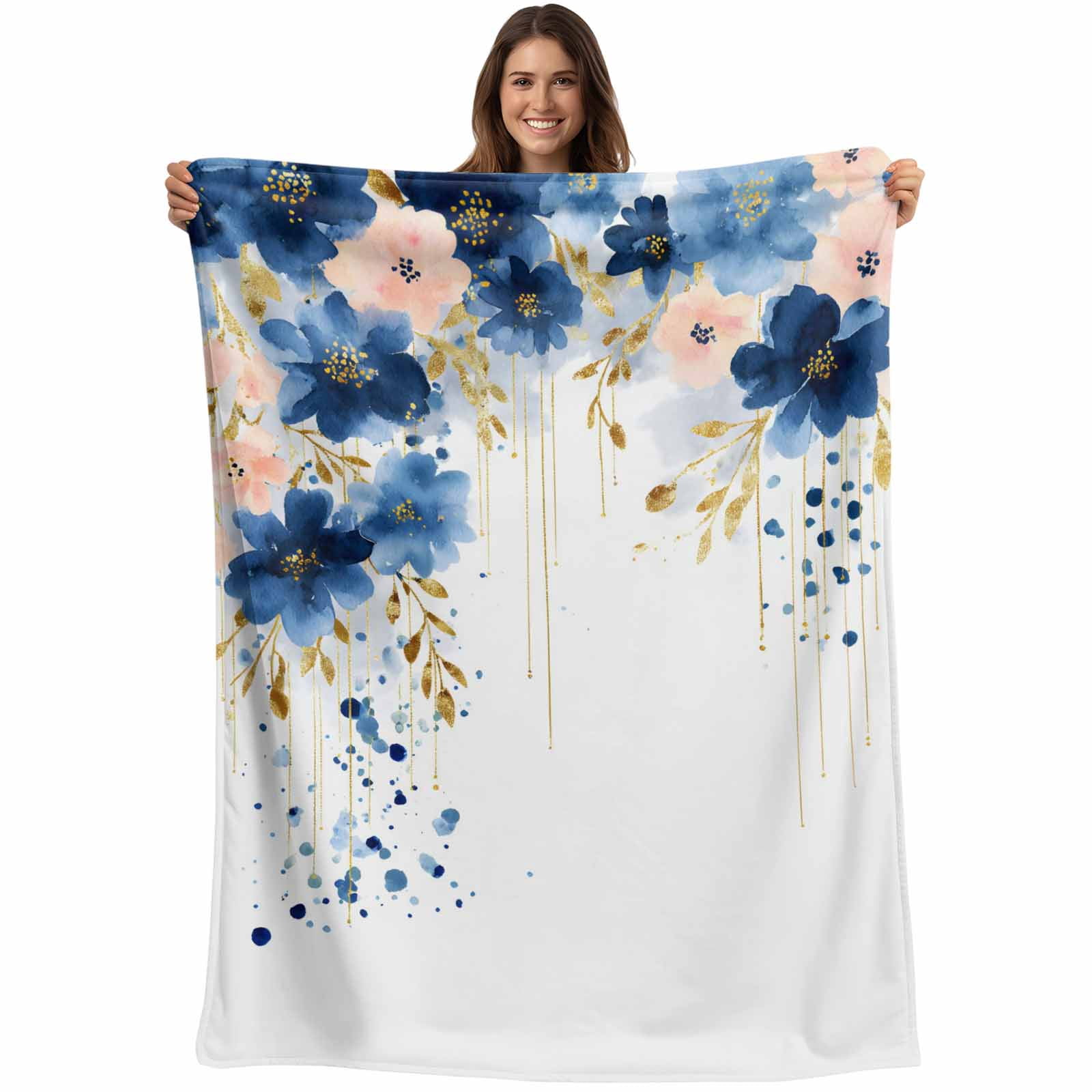 Navy Blue Spring Floral Blanket Soft Cozy Warm Throw Blanket for Couch ...