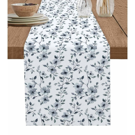 Navy Blue Spring Floral Burlap Cotton Table Runner 13x70 Inches Long, Summer Botanical Pastoral Watercolor Farmhouse Table Runners, Outdoor Dining Tablecloths Decor for Baby Shower/Party/Wedding