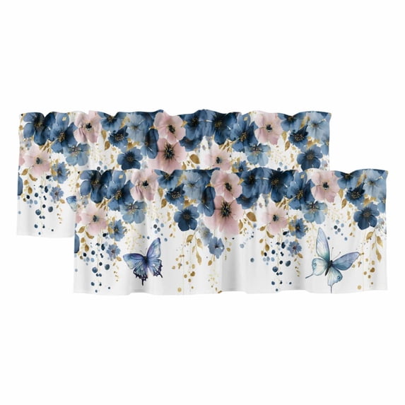 Navy Blue Spring Floral Curtain Valances for Windows, Kitchen Valance Window Treatments Panel 2 Pack, Farmhouse Butterfly Watercolor Rod Pocket Short Curtains for Bathroom Bedroom 54 x 18 Inch