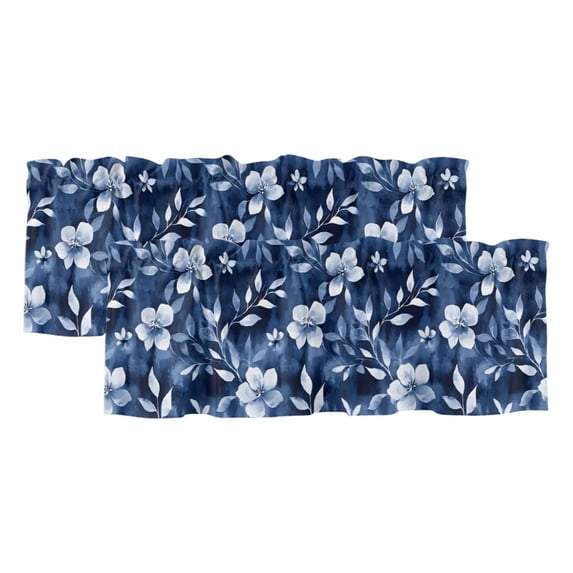 Navy Blue Spring Floral Curtain Valances for Windows, Kitchen Valance Window Treatments Panel 2 Pack, Watercolor Summer Flowers Abstract Rod Pocket Short Curtains for Bathroom Bedroom 60 x 18 Inch