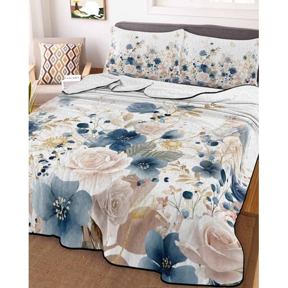 Navy Blue Spring Floral Full Size Down Alternative Comforter,Lightweight Comforter Quilt Bedding Set with Pillow Shams Elegant Pastoral Flowers Watercolor Bed Comforter Duvet Insert 78"x90"