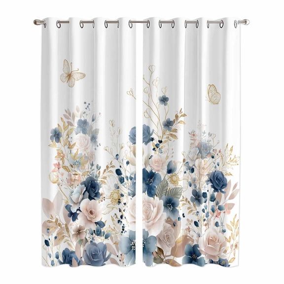Navy Blue Spring Floral Kitchen Curtains 84 Inch Length, Elegant Pastoral Flowers Watercolor Grommet Top Bedroom Living Room Curtains, Light Filtering Cafe Curtain Drapes 2 Panels Set 84''x84''
