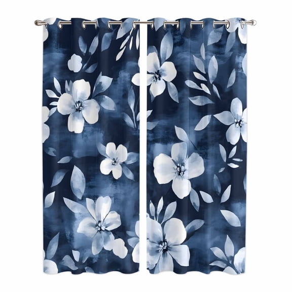 Navy Blue Spring Floral Kitchen Curtains 84 Inch Length, Summer Flowers Watercolor Botanical Grommet Top Bedroom Living Room Curtains, Light Filtering Cafe Curtain Drapes 2 Panels Set 84''x84''