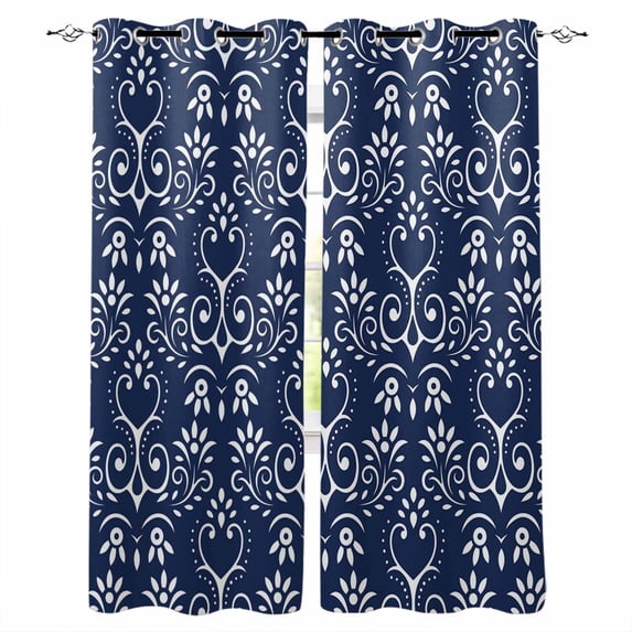 Navy Blue Spring Floral Kitchen Curtains Modern Abstract Art Farmhouse Cafe Short Curtains for Bathroom Blackout Window Curtain Grommet Small Window Treatment Drapes for Bedroom Living Room 42"x45"x2