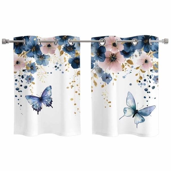 Navy Blue Spring Floral Kitchen Curtains Window Panels, Farmhouse Butterfly Watercolor Insulated Window Treatment Curtain, Grommet Curtains for Bedroom/Living Room/Bathroom, 2 Piece 27.5"Wx39"L