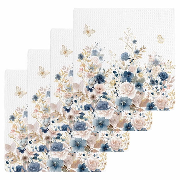 Navy Blue Spring Floral Kitchen Dish Towels for Drying Dishes Set of 4, Elegant Pastoral Flowers Watercolor Waffle Weave Microfiber Hand Tea Bathroom Towels Quick Dry & Absorbent Towel 12x12