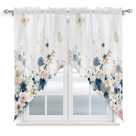 Navy Blue Spring Floral Kitchen Window Curtains, Swag Curtains Valance for Bedroom Living Room Bathroom, Elegant Pastoral Flowers Watercolor Rod Pocket Window Curtain Block Drapes 2 Panels 28"x36"
