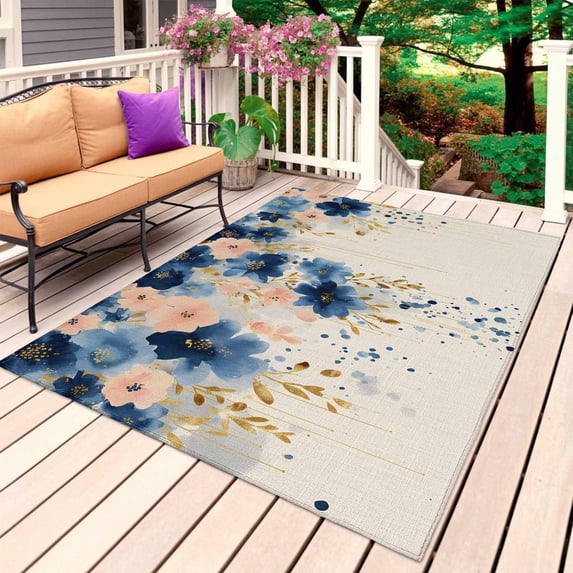 Navy Blue Spring Floral Outdoor Rug 6x9 Ft, Non Slip Washable Area Rug, Farmhouse Butterfly Rustic Patio Rugs Carpet Runner, Large Floor Mat for Indoor/Outdoor Deck Porch Camping