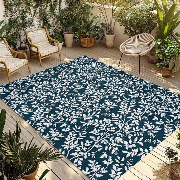 Navy Blue Spring Floral Outdoor Rug 6x9 Ft - Reversible Patio Rug Outdoor Camping Rugs, Farmhouse Flowers Elegant Pastoral Indoor Outdoor Area Rugs, Non-Slip Outdoor Carpet Runner for Deck/Porch
