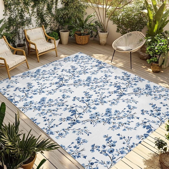 Navy Blue Spring Floral Outdoor Rug for Patio/Deck/Porch, Non-Slip Large Area Rug 5 x 7 Ft, Elegant Pastoral Flowers Indoor Outdoor Rugs Washable Area Rugs, Reversible Camping Rug Carpet Runner