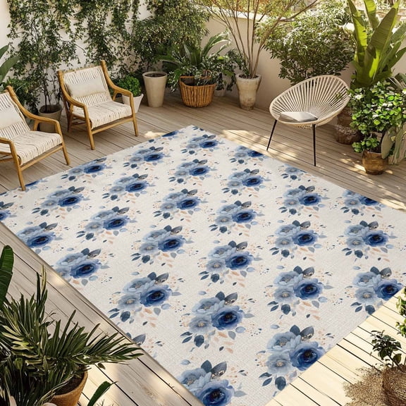 Navy Blue Spring Floral Outdoor Rug for Patio/Deck/Porch, Non-Slip Large Area Rug 5 x 8 Ft, Farmhouse Flowers Modern Art Indoor Outdoor Rugs Washable Area Rugs, Reversible Camping Rug Carpet Runner