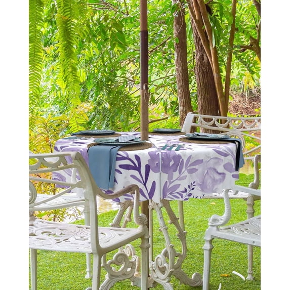 Navy Blue Spring Floral Outdoor Tablecloth - 54 Inch Round Dining Table Cover, Watercolor Summer Botanical Waterproof Outdoor Table Cloth with Umbrella Hole & Zipper for Picnic/Patio/Party