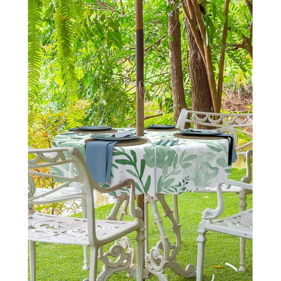 Navy Blue Spring Floral Outdoor Tablecloth - 54 Inch Round Dining Table Cover, Watercolor Summer Botanical Waterproof Outdoor Table Cloth with Umbrella Hole & Zipper for Picnic/Patio/Party