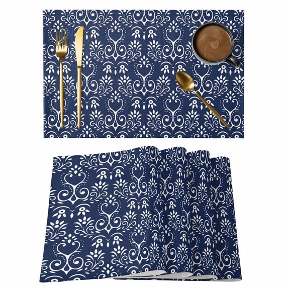 Navy Blue Spring Floral Placemats Set of 4 Modern Abstract Art Farmhouse Place Mats Indoor Wipeable Table Mats Washable Cloth Dining Table Placemats for Kitchen Holiday Party Home Decor 13x19 Inch