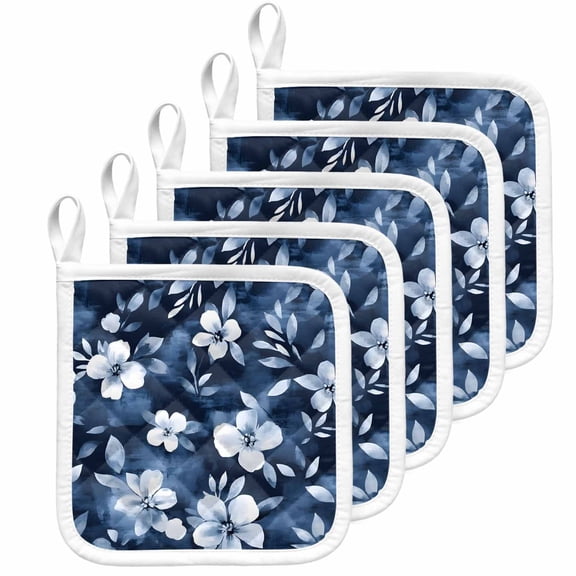 Navy Blue Spring Floral Pot Holders for Kitchen Heatproof Potholder, 5 Pack Summer Flowers Watercolor Botanical Hot Pads Multipurpose Oven Pads Cloth Potholders Trivet for Cooking Baking