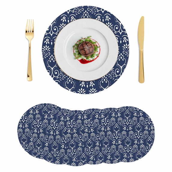 Navy Blue Spring Floral Round 13 Inch Placemats Set of 6, Modern Abstract Art Farmhouse HeatResistant Non Slip Place Mats for Dining Table, Wipeable Braided Kitchen Table Mats for Housewarming