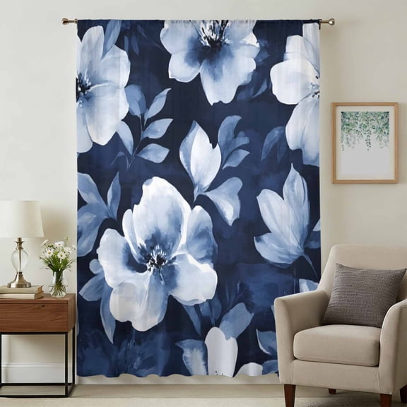 Navy Blue Spring Floral Sheer Curtains 54 Inches Long, Summer Botanical Abstract Flowers Light Filering Curtains, Breathable Simi Curtain Privacy Drapes for Kitchen Bathroom Small Window Treatment
