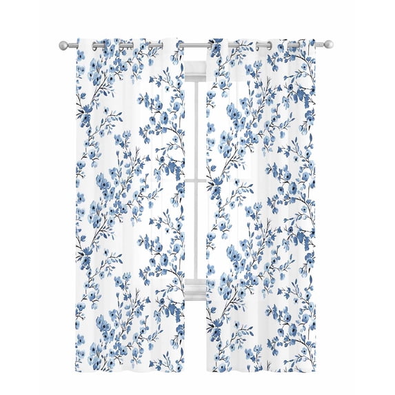 Navy Blue Spring Floral Sheer Curtains 63 Inch Length 2 Panels Set for Living Room/Bedroom, Elegant Pastoral Flowers Kitchen Curtains Grommet Semi-Sheer Curtains Drapes Window Treatments 42"x63"x2