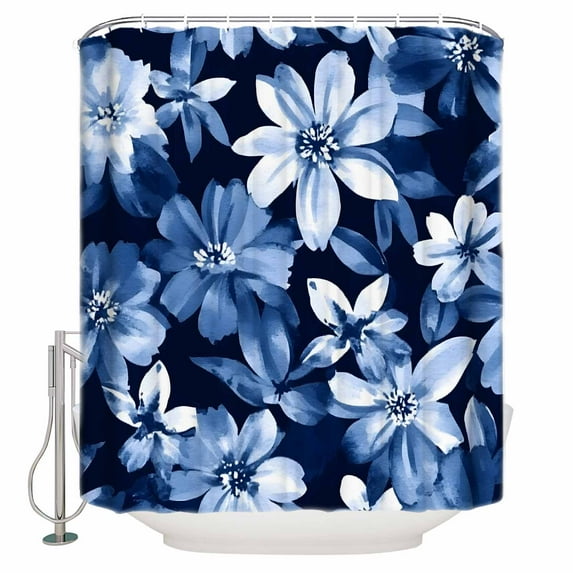 Navy Blue Spring Floral Shower Curtains for Bathroom Waterproof Fabric Bath Curtains Decor Bath Tub Curtain Watercolor Summer Flower Botanical Decorative Shower Curtain Sets with 12 Hooks, 72x72 Inch