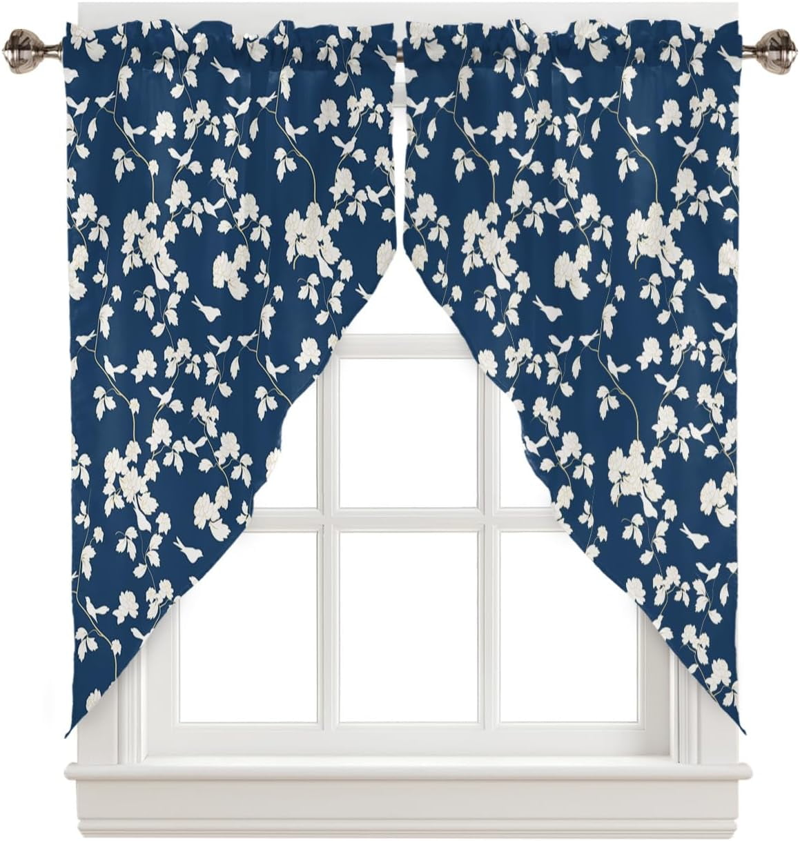 Navy Blue Spring Floral Swag Curtains for Kitchen/Bedroom Pastoral Summer Botanical Birds