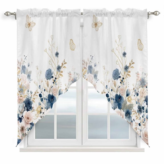 Navy Blue Spring Floral Swag Valances for Windows 2 Pack, Kitchen Window Curtains 36 Inch Length, Elegant Pastoral Flowers Watercolor Privacy Swag Curtains for Living Room/Bathroom 36"x36"