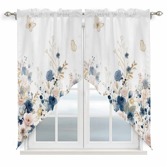 Navy Blue Spring Floral Swag Valances for Windows, Kitchen Curtains 36 Inch Length 2 Panels Set, Elegant Pastoral Flowers Watercolor Short Curtains for Small Windows Rod Pocket Cafe Curtains 28"x36"