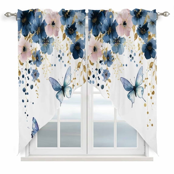Navy Blue Spring Floral Swag Valances for Windows, Kitchen Curtains 36 Inch Length 2 Panels Set, Farmhouse Butterfly Watercolor Short Curtains for Small Windows Rod Pocket Cafe Curtains 28"x36"