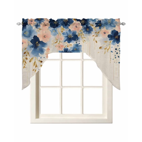 Navy Blue Spring Floral Swag Valances for Windows, Small Curtains Drapes, Farmhouse Butterfly Rustic Kitchen Window Curtains Over Sink Rod Pocket Window Treatment Valance for Bedroom/Bathroom 56"x36"