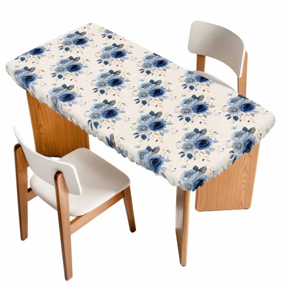 Navy Blue Spring Floral Table Cloths for 4 Foot Rectangle Tables, Farmhouse Flowers Modern Art Patio Waterproof Elastic Fitted Tablecloths, Washable Rectangular Table Cover for Camping
