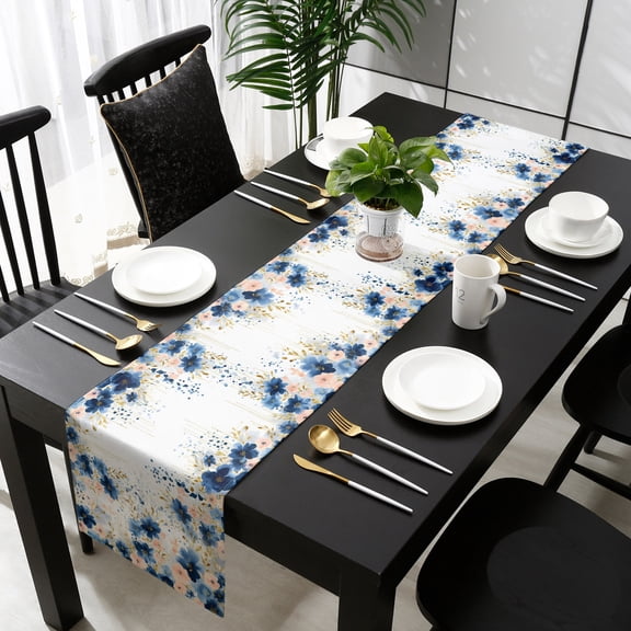 Navy Blue Spring Floral Table Runner 36 Inches Small - Farmhouse Butterfly Kitchen Dining Burlap Linen Tablerunner for Small/Round/Square/Wedding/Coffee/Dining Table Party Home Décor 13 x 36
