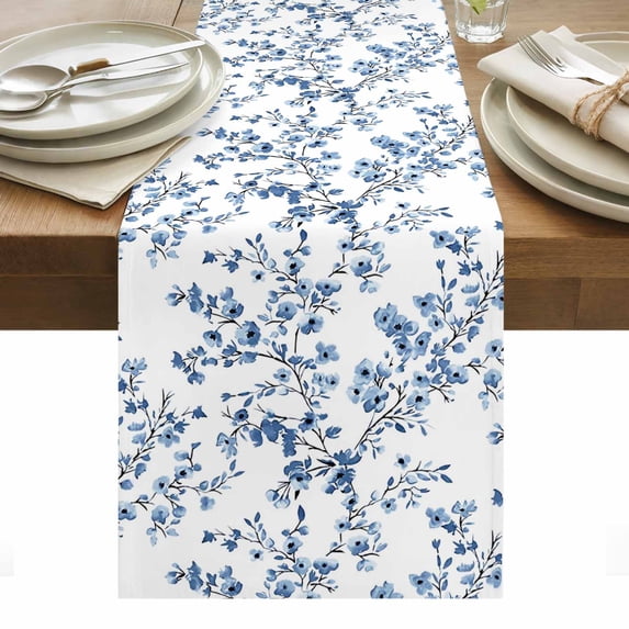 Navy Blue Spring Floral Table Runner - 72 Inch Long, Kitchen Dining Table Runner Dresser Scarves, Elegant Pastoral Flowers Farmhouse Decor for Coffee Tables Wedding Party Banquet