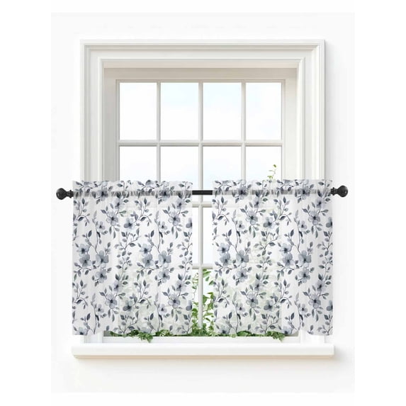 Navy Blue Spring Floral Tier Curtains 36 Inch Length,Sheer Curtains for Bedroom Living Room,Summer Botanical Pastoral Watercolor Rod Pocket Voile Drapes Kitchen Curtains for Window 27.5"x36" 2 Panels