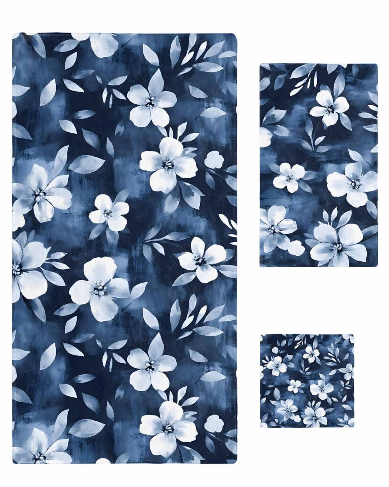 Navy Blue Spring Floral Towel Set of 3, Soft Microfiber Bath Towels, Hand Towel, Washcloths, Summer Flowers Watercolor Botanical Quick-Dry Absorbent Towels for Bathroom Kitchen Hotel Beach Gym Spa
