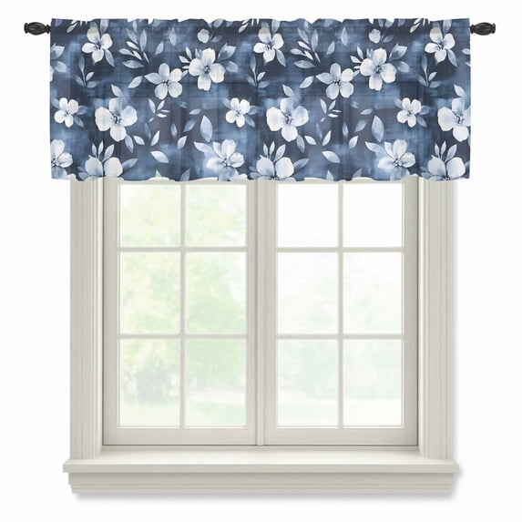 Navy Blue Spring Floral Valance Curtains for Kitchen/Living Room/Bathroom/Bedroom Window,Rod Pocket Small Topper Half Short Window Curtains Sheer Scarf,Summer Flowers Watercolor Botanical 42"x18"