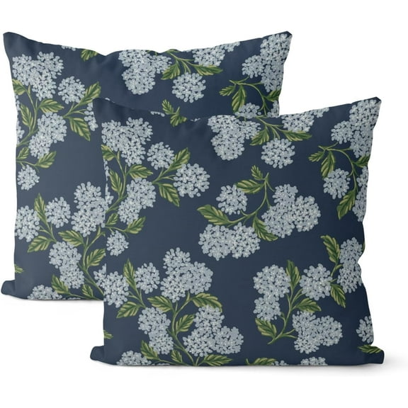 Navy Blue Spring Pillow Covers 20x20 Inch 2 Pcs Blue Green Hydrangea Flower Decor Throw Pillows Vintage Floral Seasonal Summer Outdoor Decoration Pillowcase Linen Cushion Cover for Couch Sofa