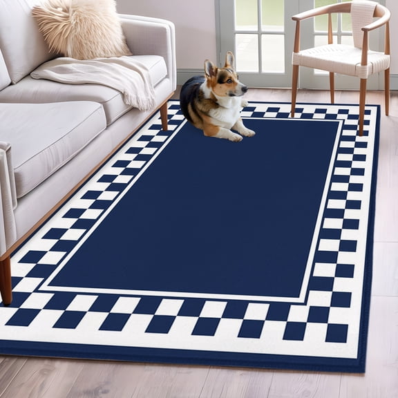 Navy Blue Square 2.7x5 Hallway Washable Runner Rug Graphic Retro Blue White Checkered Border Low-Profile Area Rugs Non Slip Backing Indoor Floor Carpet for Entrance Living Room Bedroom Home Office