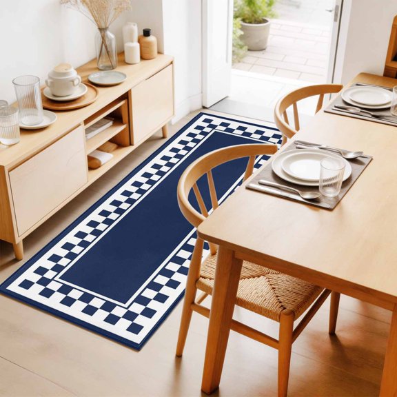Navy Blue Square 2'x6' Runner Rug for Hallway Walkway Kitchen Galley, Graphic Retro Blue White Checkered Border Low Pile Washable Non Slip Long Area Rug for Living Room