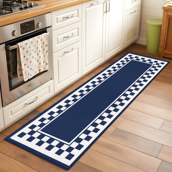 Navy Blue Square 2x6 Hallway Washable Runner Rug Graphic Retro Blue White Checkered Border Kitchen Runner Mat with Non Slip Backing Low Pile Thin Floor Carpet for Indoor Bedroom Bathroom Living Room