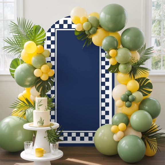 Navy Blue Square Arch Backdrop Cover 5 FT, Graphic Retro Blue White Checkered Border Wedding Arch Cover Stretchy Backdrop Stands Covers for Birthday Party Ceremony Banquet Decor