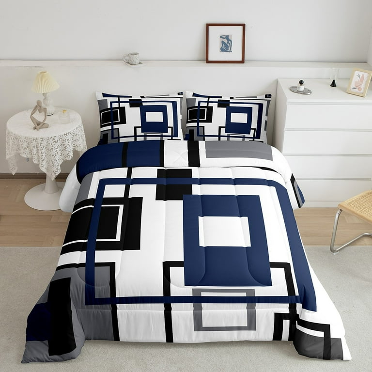 Navy Blue Square Comforter Set For Teen Boys Twin Lack White Grey Geometric Quilt Comforter Geometry Striped Bedding Set For Kids Men Abstract Line