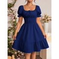thumbnail image 1 of Navy Blue Square Neck Ruched Waist A-Line Dress With Puffed Sleeves And Tiered Hem, 1 of 6