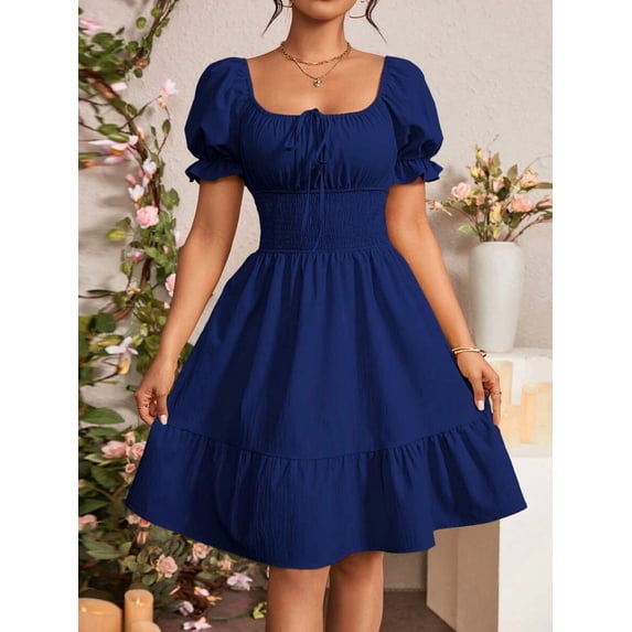 Navy Blue Square Neck Ruched Waist A-Line Dress With Puffed Sleeves And Tiered Hem