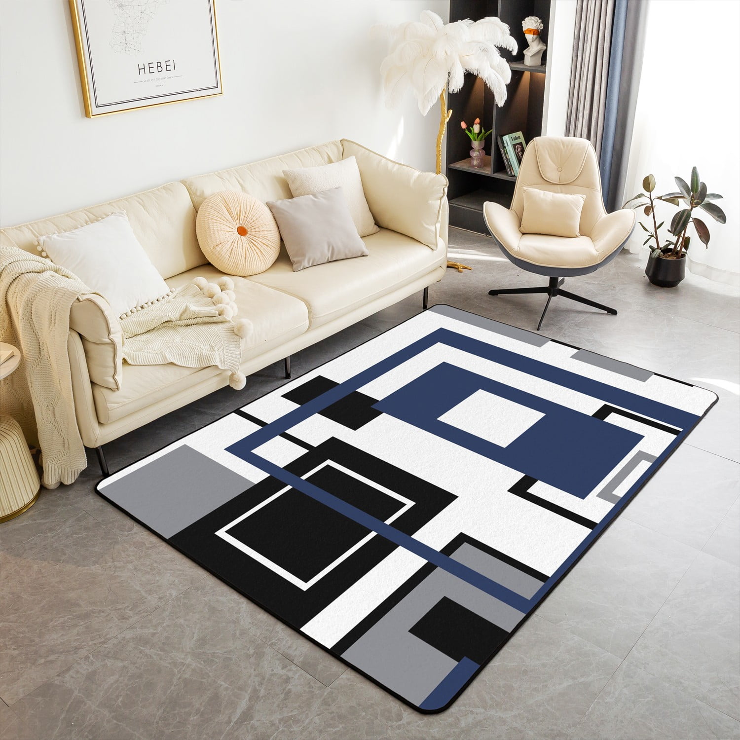 Navy Blue Square Rug For Teen Boys Lack White Grey Geometric Area Rug