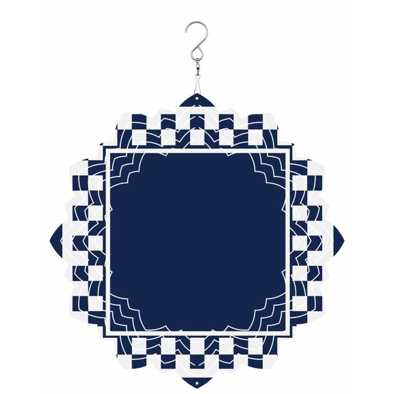 Navy Blue Square Wind Spinner for Garden Yard 8In, Graphic Retro Blue White Checkered Border 3D Stainless Steel Kinetic Hanging Wind Spinners Rustproof Outdoor Decor for Lawn Patio Home